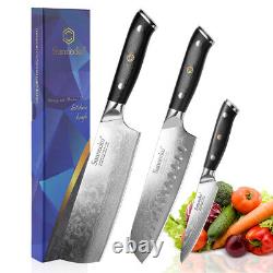 3PCS Kitchen Knife Set Damascus Steel Chef Knife Meat Chopper Salmon Slicer Tool