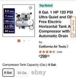 California Air Tools 8010 Ultra Quiet Oil-Free 8 Gal 1HP 120V 120 PSI. Used once