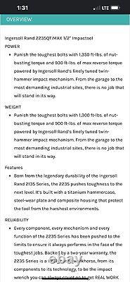 INGERSOLL RAND 2235MAX 1/2 IMPACT WRENCH. Date Code 2023. LOW HOURS. 1350 Ft/lbs