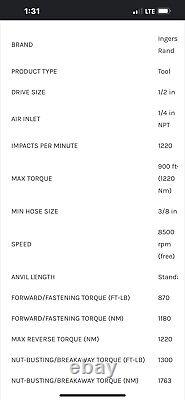 INGERSOLL RAND 2235MAX 1/2 IMPACT WRENCH. Date Code 2023. LOW HOURS. 1350 Ft/lbs