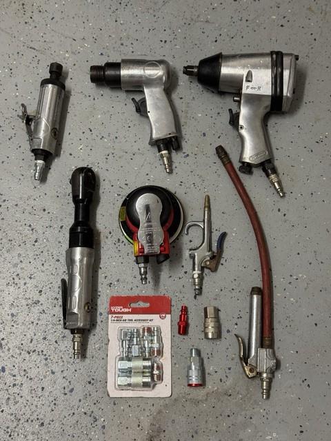 Large Bundle Of Air Power Tools And Accessories (drills, Wrenches, Etc)