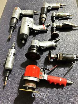 Set of 9 Air tools. Impact wrench, die grinders, reversing drill, zip gun etc