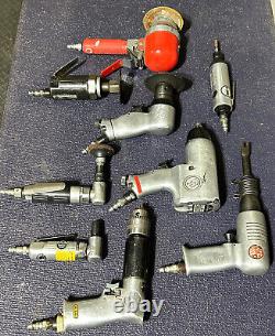 Set of 9 Air tools. Impact wrench, die grinders, reversing drill, zip gun etc