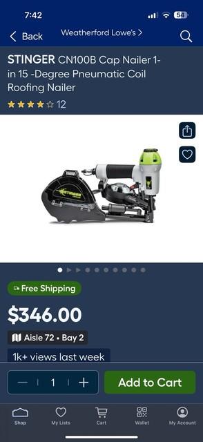 Stinger Air Tools Cn100b Pneumatic Cap Nailer Mint
